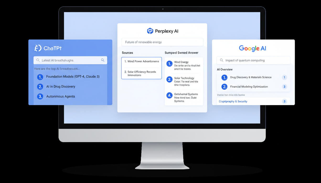 Interfacce di Ricerca AI che mostrano ChatGPT, Perplexity e Google AI con ranking dei contenuti